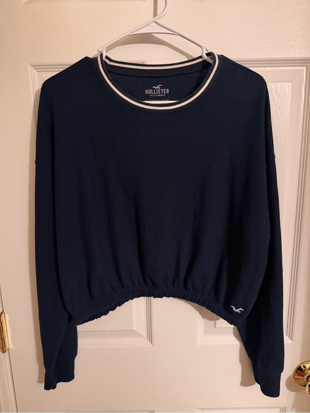 Hollister Navy Cropped Waffle Knit Long-Sleeve Top with Contrast Trim